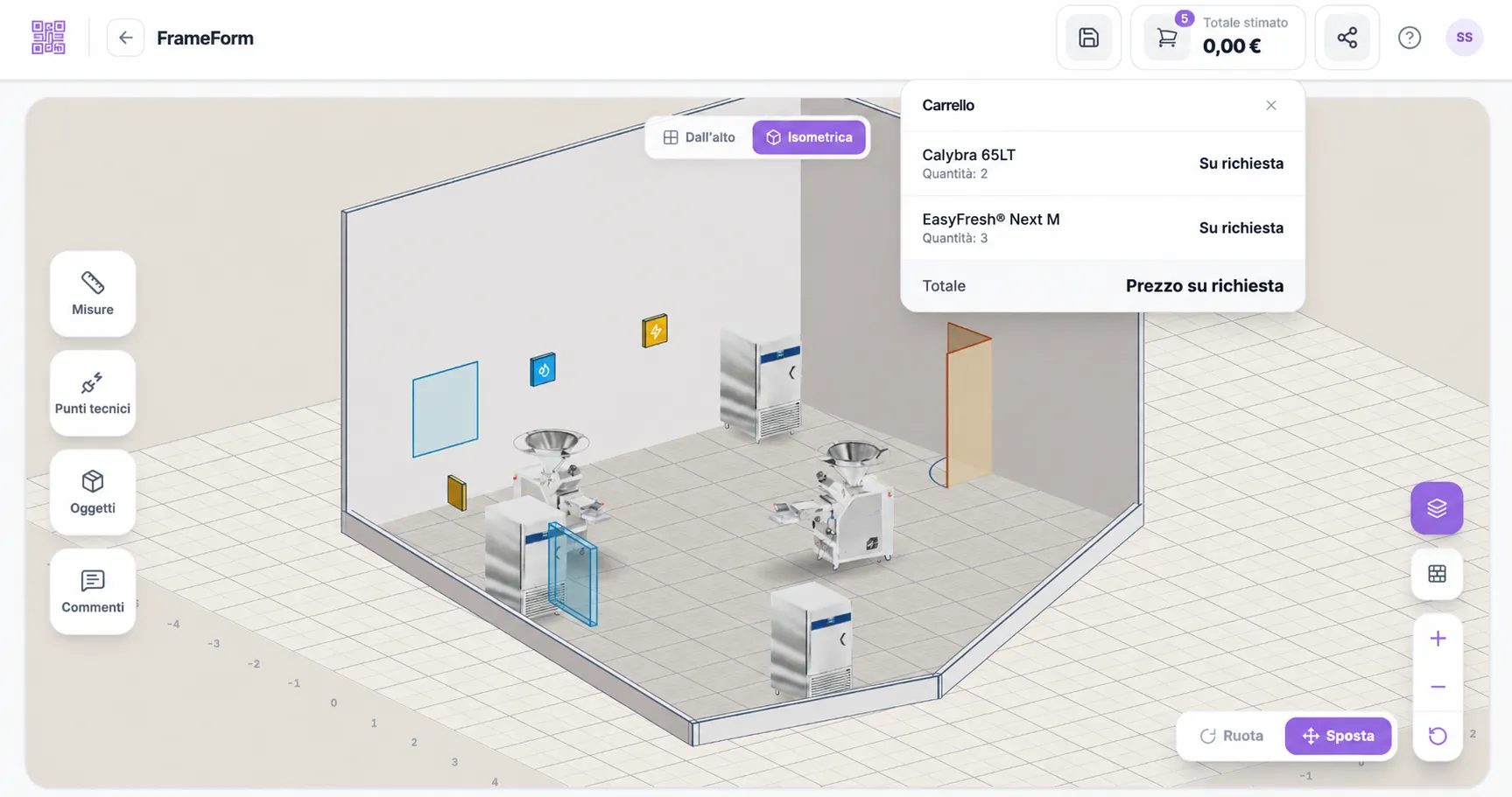 frameform — vista 3D isometrica con macchinari posizionati